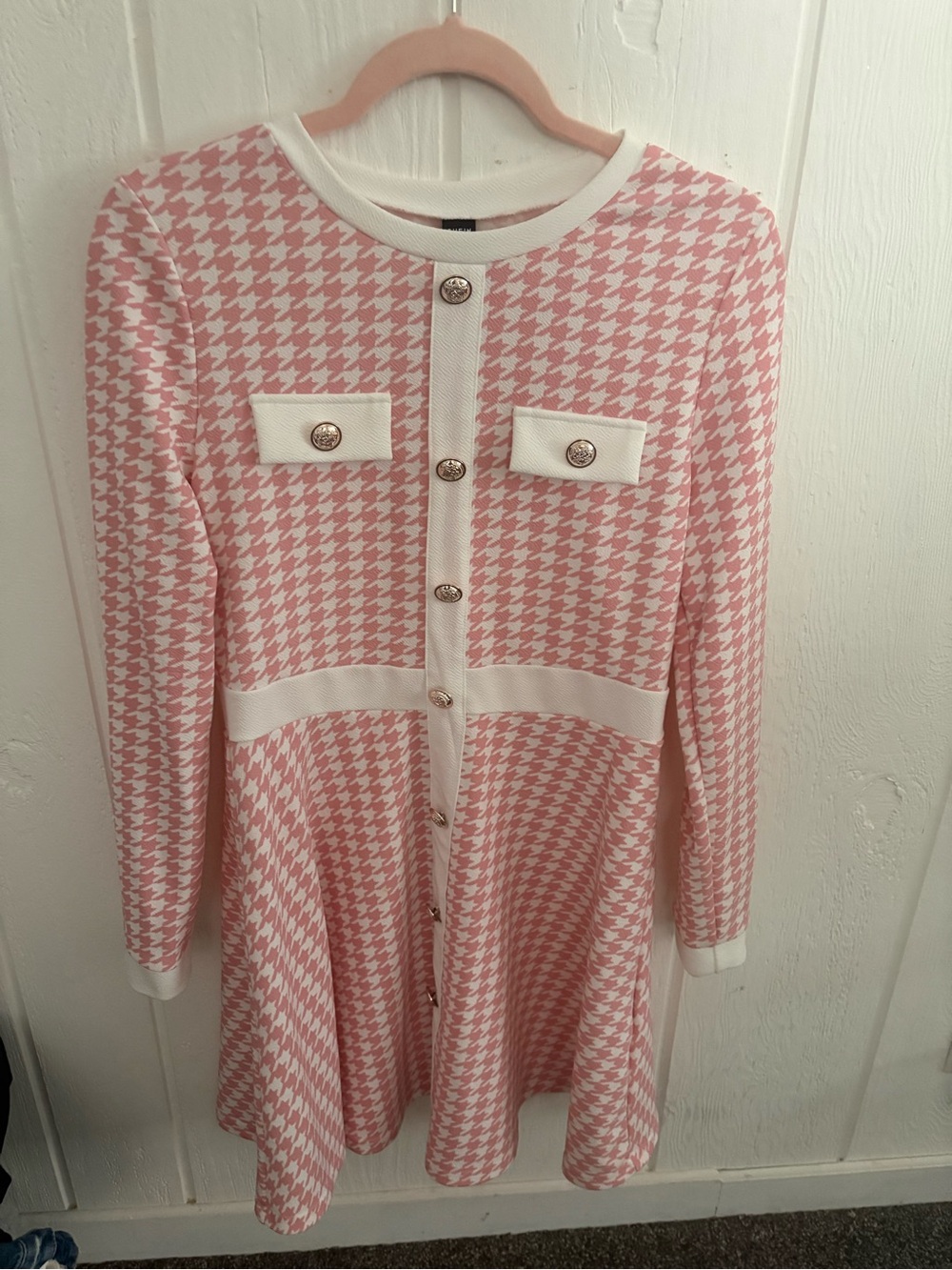 Pink and White Houndstooth Button-Front Dress - Picture 2 of 3